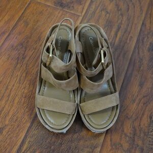 Calvin Klein “Hailey” Suede Wedge Sandals – Size 6.5, Platform Heel, Neutral Tan